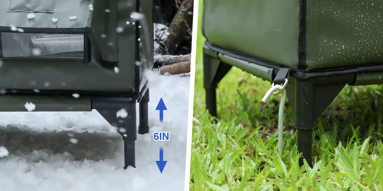 Close-up view of Wagstro outdoor cat shelter with 6-inch elevated base and windproof stakes, preventing moisture and providing stability during heavy rain and wind