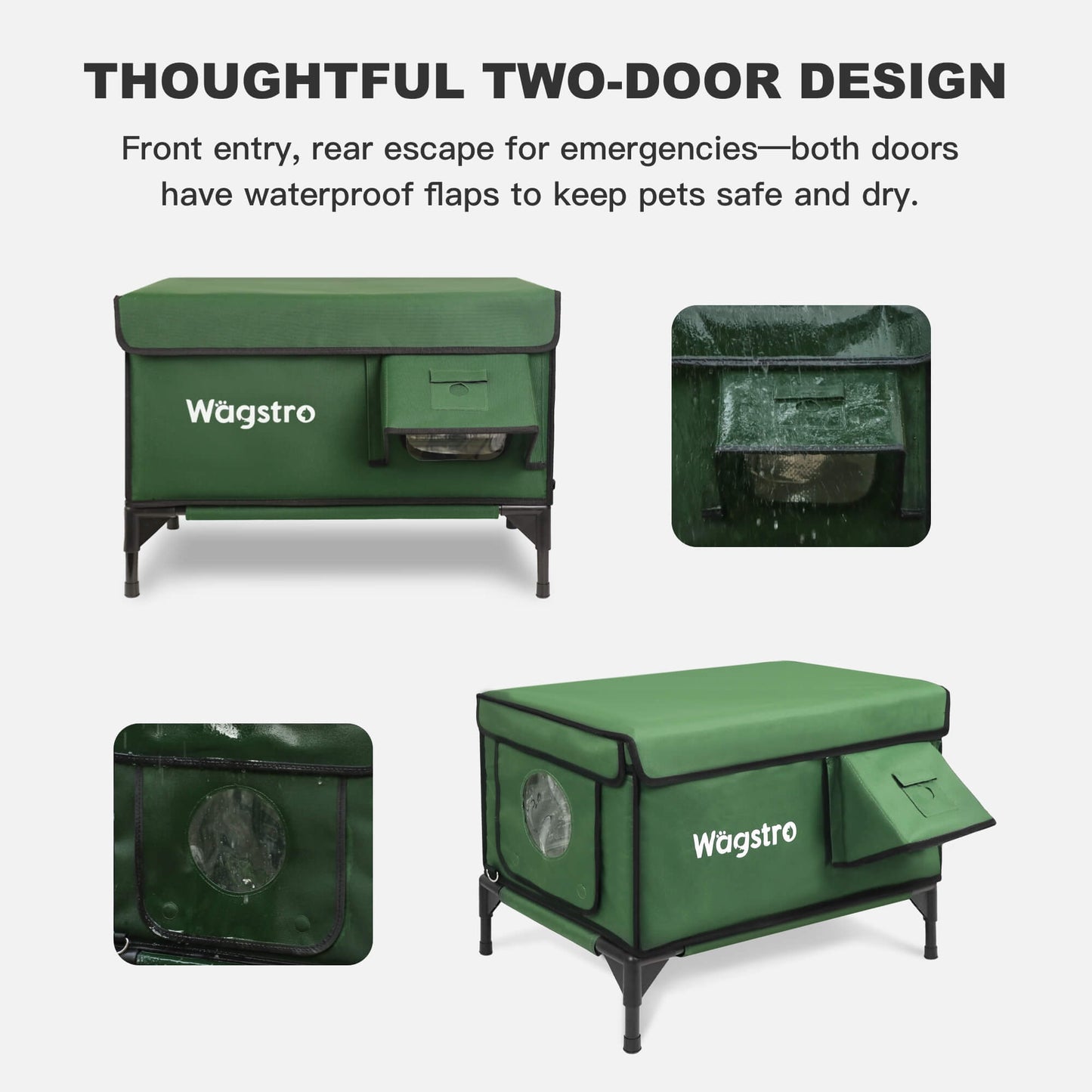 PVC-coated waterproof shell in forest green, easy-clean surface, camera slot