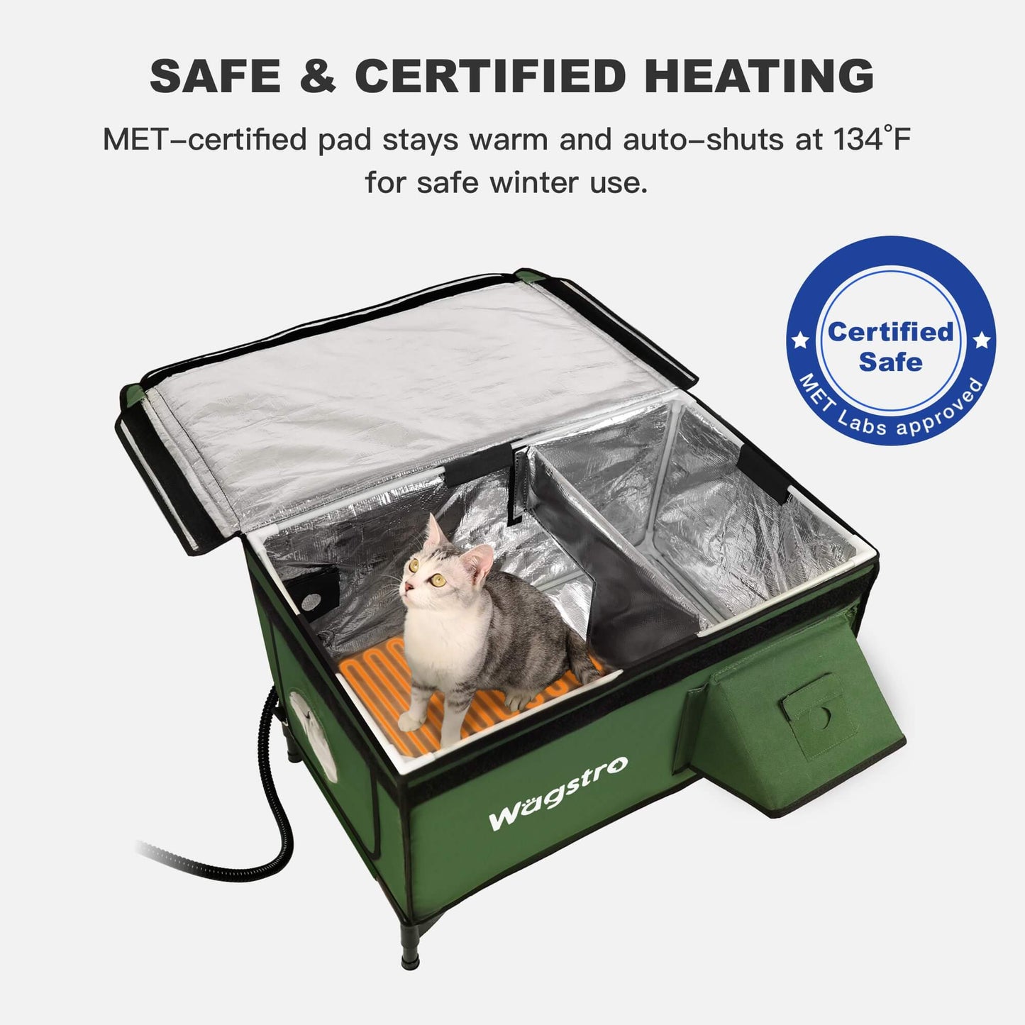Forest green AllGuard heated cat house with MET-certified pad
