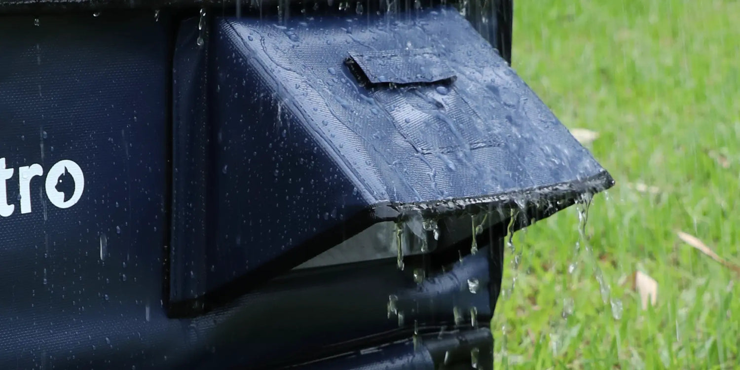 Close-up of Wagstro outdoor cat shelter waterproof overhang roof, designed to block rain and snow for year-round protection