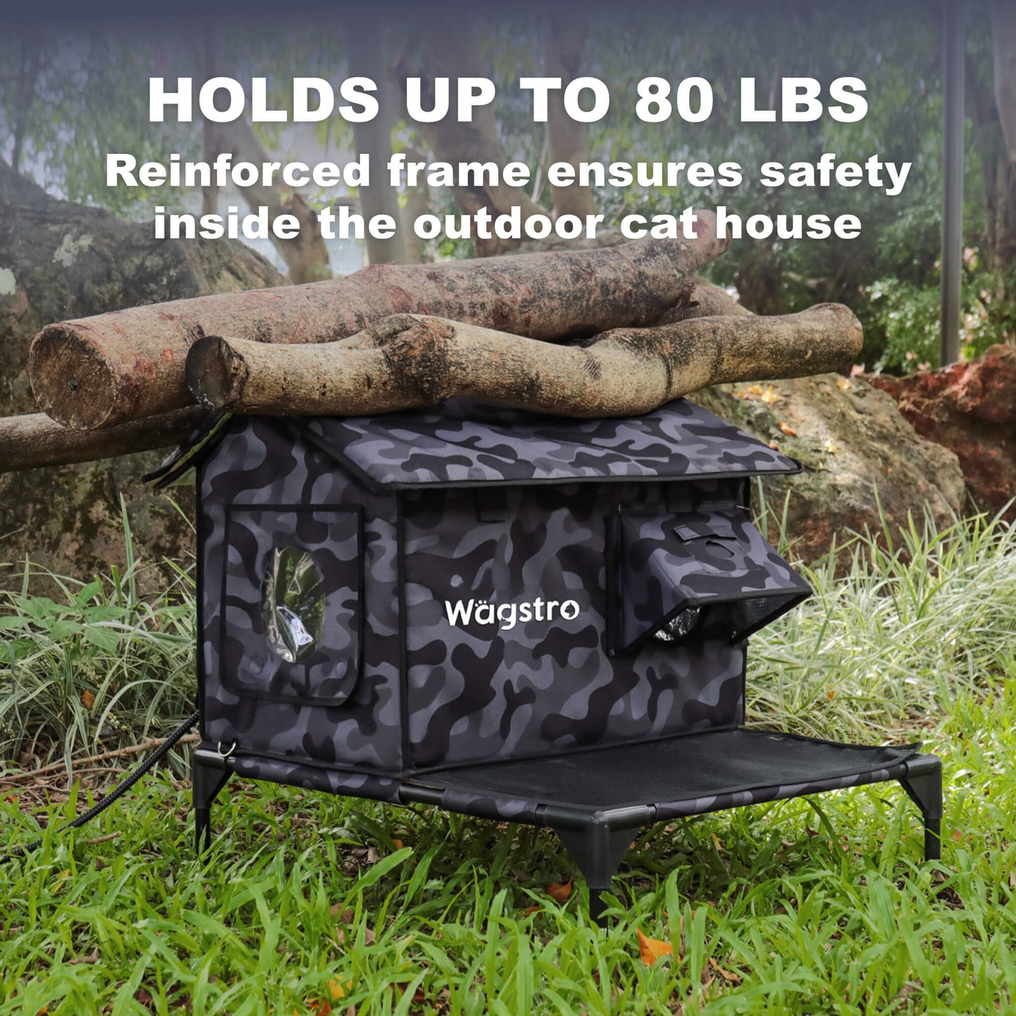 RoofHaus XL Outdoor Heated Cat House with Porch — Night Camo