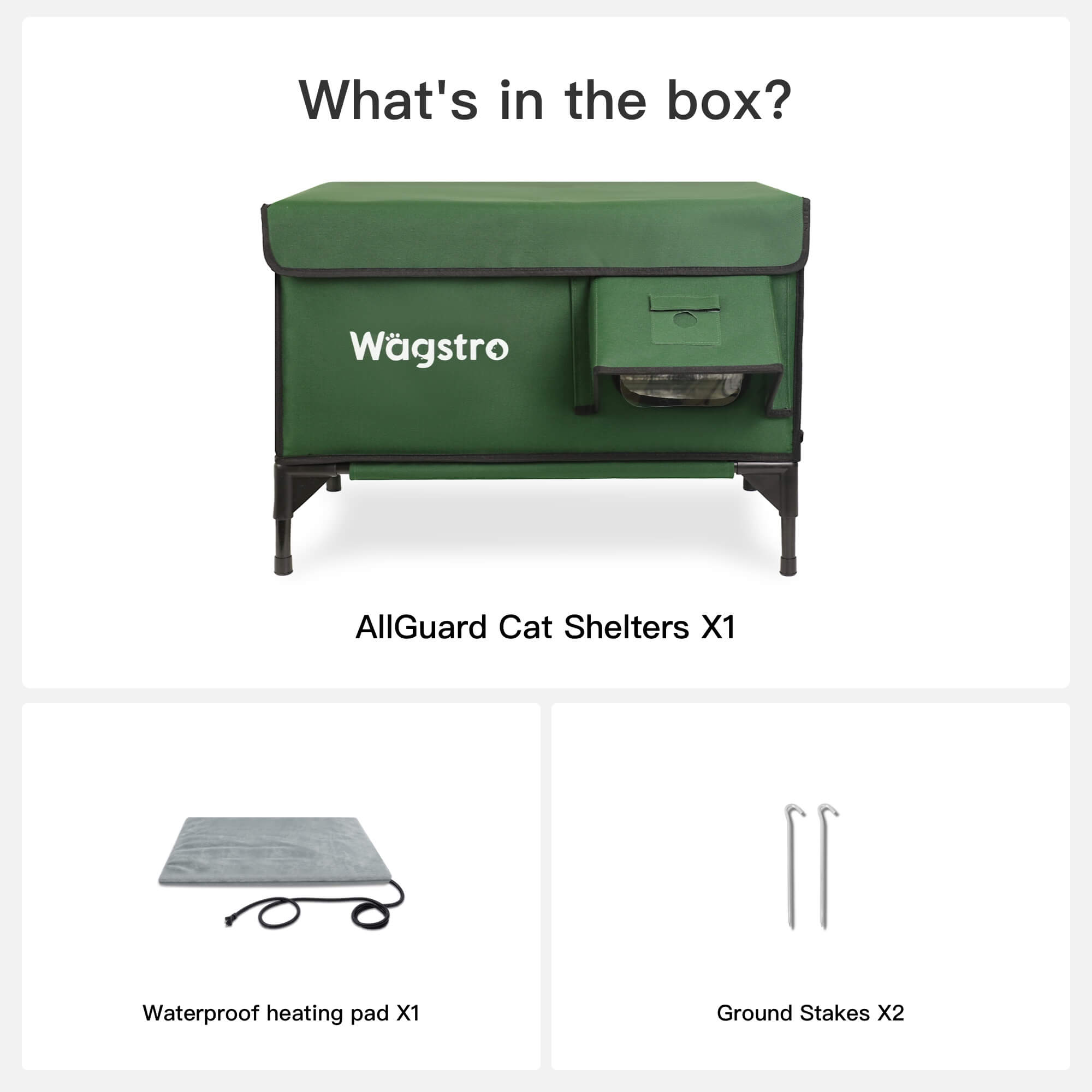 In the box—cat house, waterproof heating pad, ground stakes