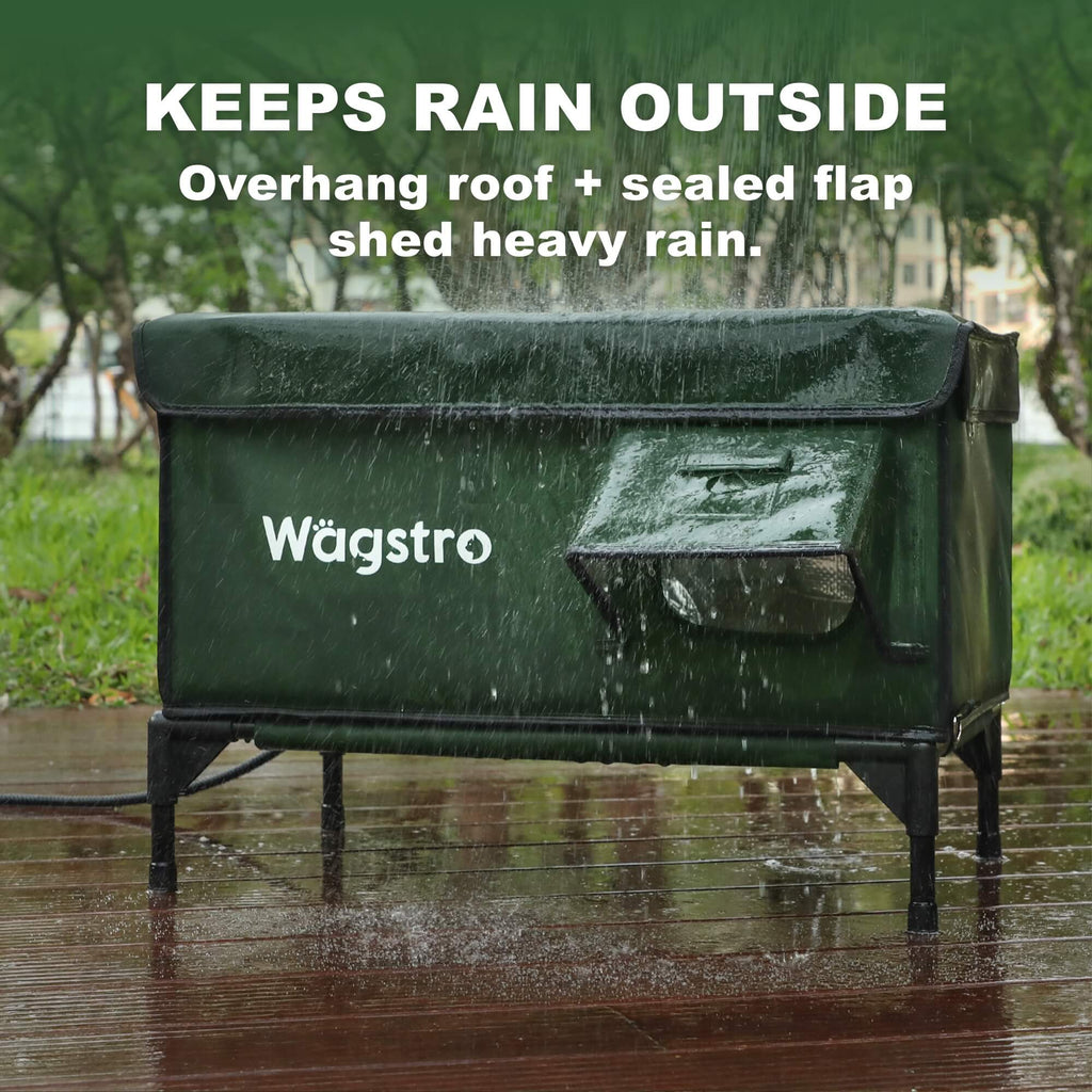 Overhang roof and sealed flap keep heavy rain out