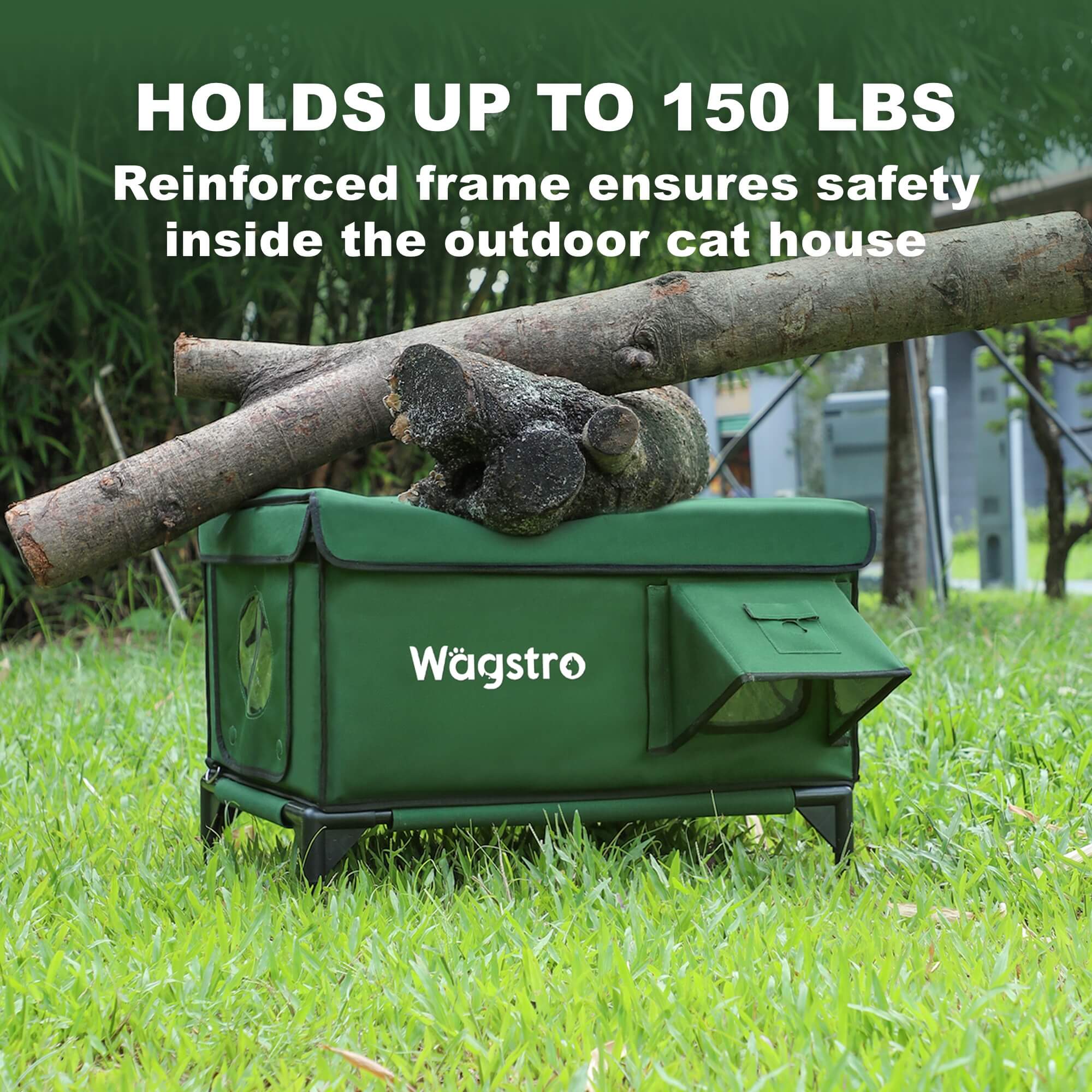 Reinforced frame holds 150 lbs—forest green outdoor cat house