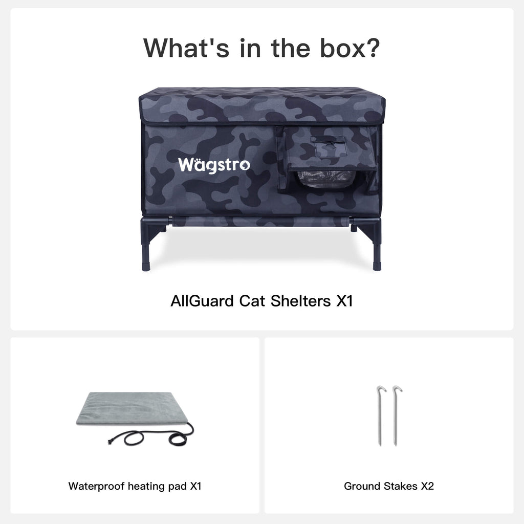 In the box—cat house, waterproof heating pad, ground stakes
