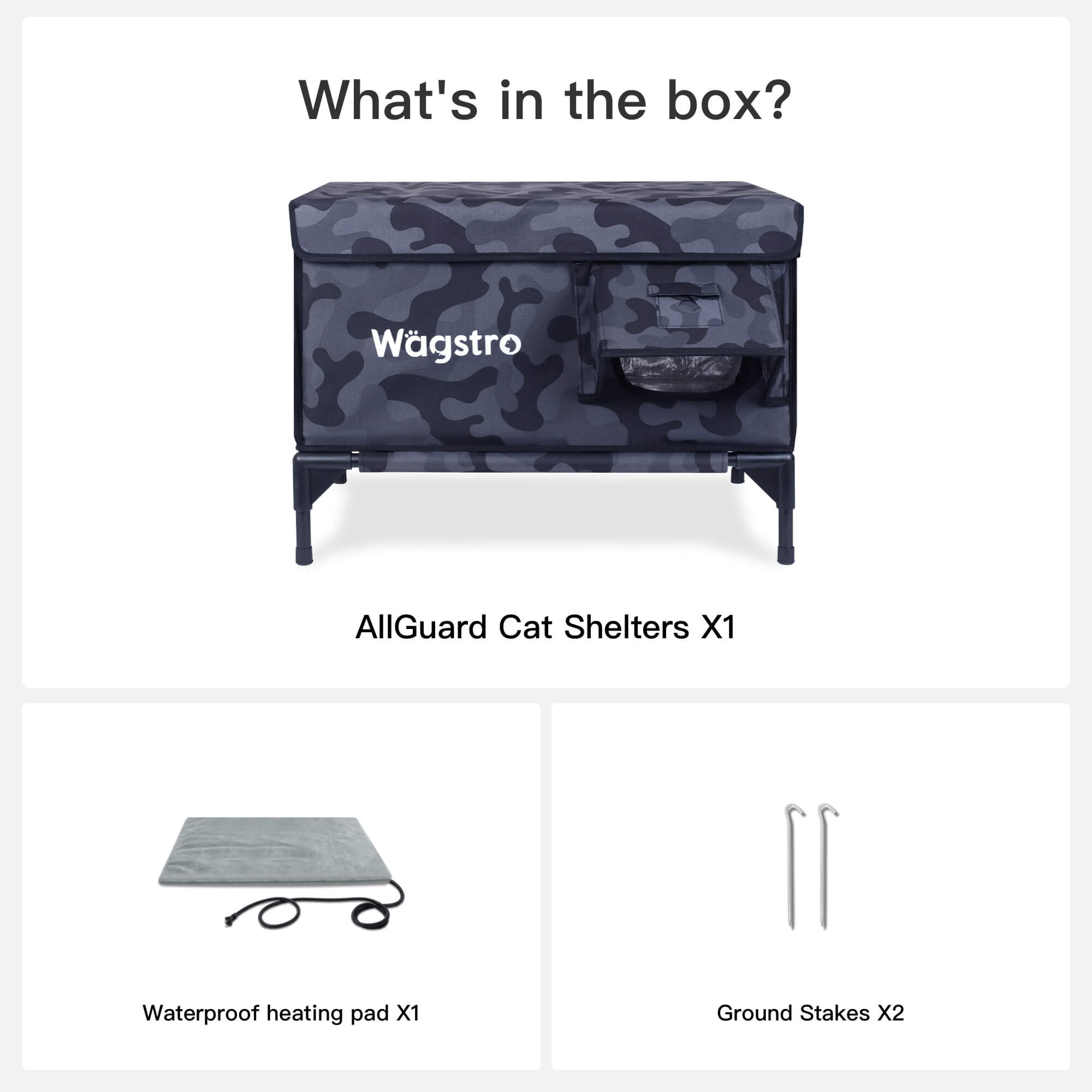 In the box—cat house, waterproof heating pad, ground stakes