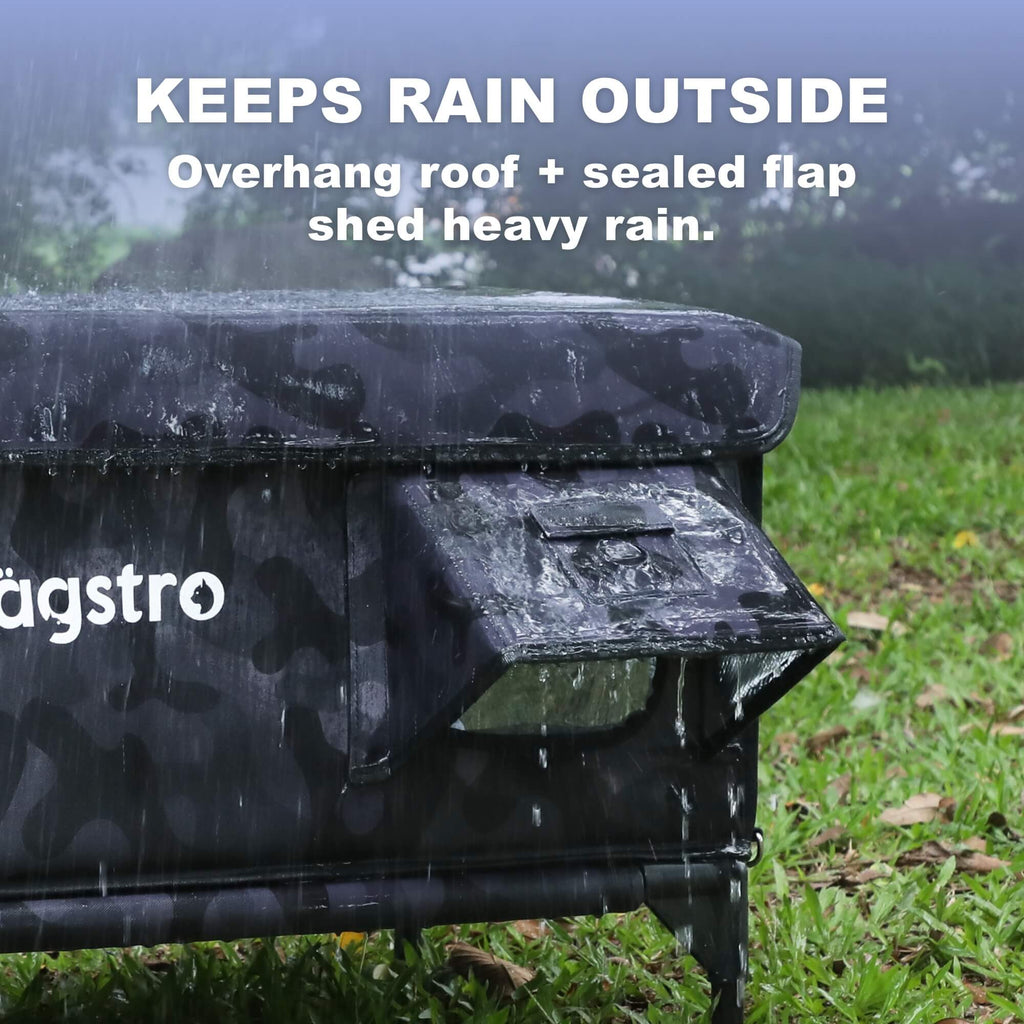 Overhang roof and sealed flap shed heavy rain