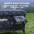 Overhang roof and sealed flap shed heavy rain