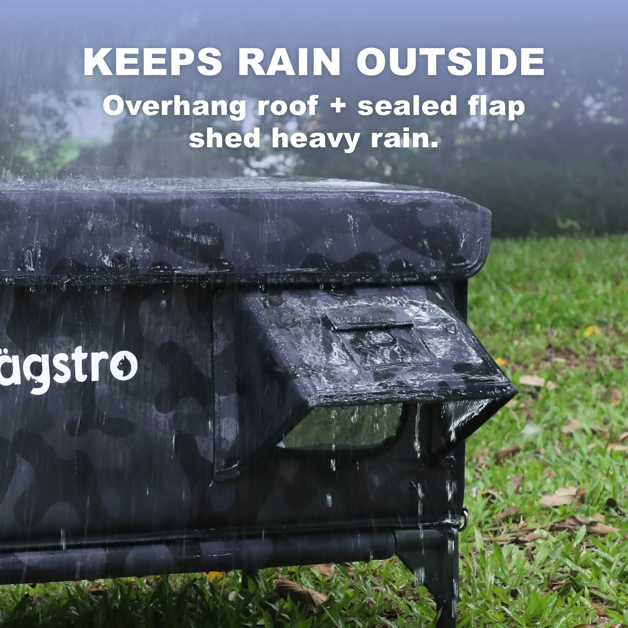 Overhang roof and sealed flap shed heavy rain