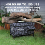 Reinforced frame holds 150 lbs—night camo outdoor cat house