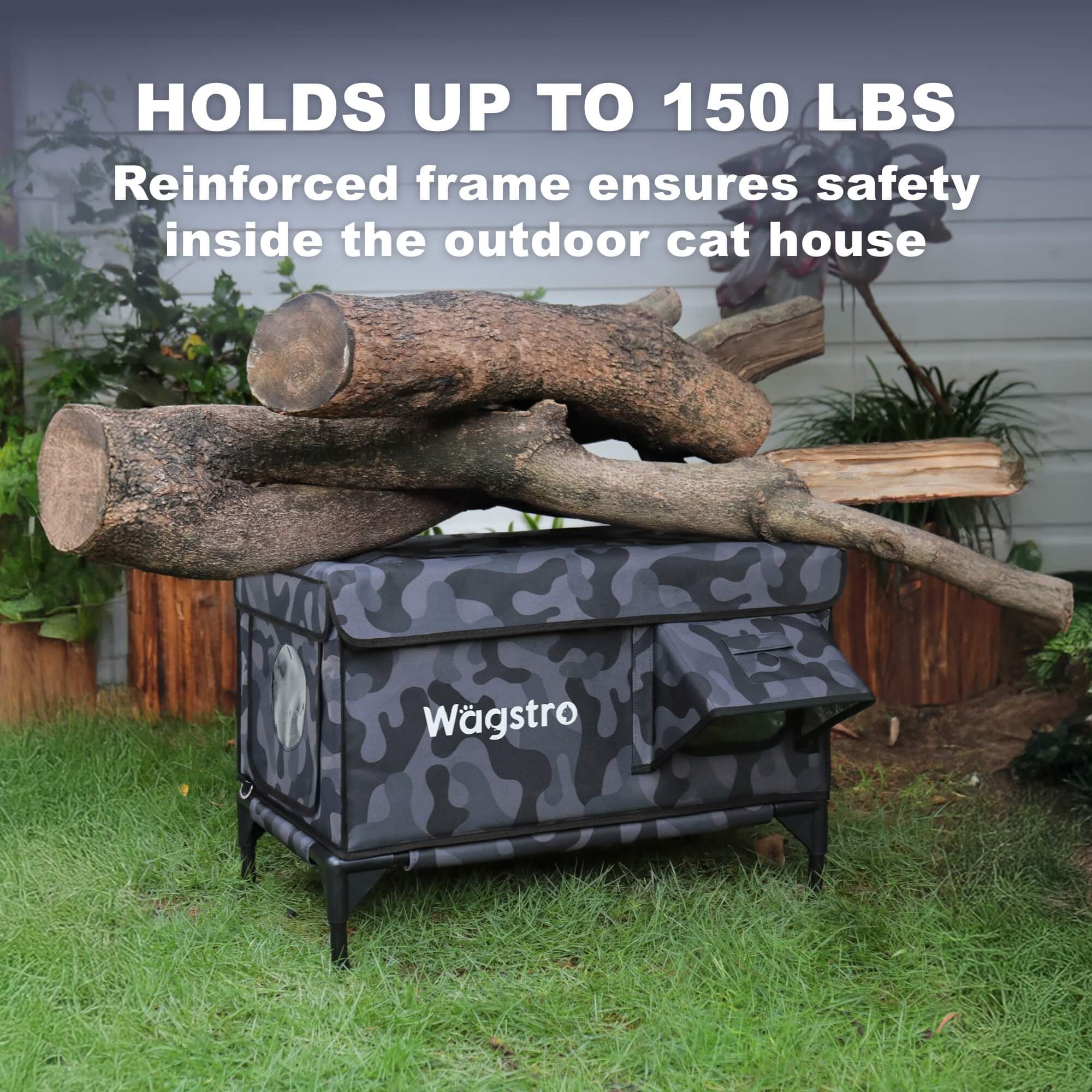 Reinforced frame holds 150 lbs—night camo outdoor cat house