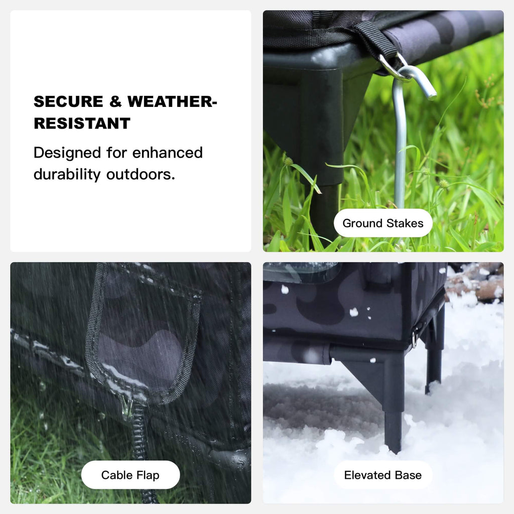 Ground stakes, sealed cable flap, and 6-inch elevated base