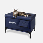 Flagship heated cat house, navy blue, three-quarter view