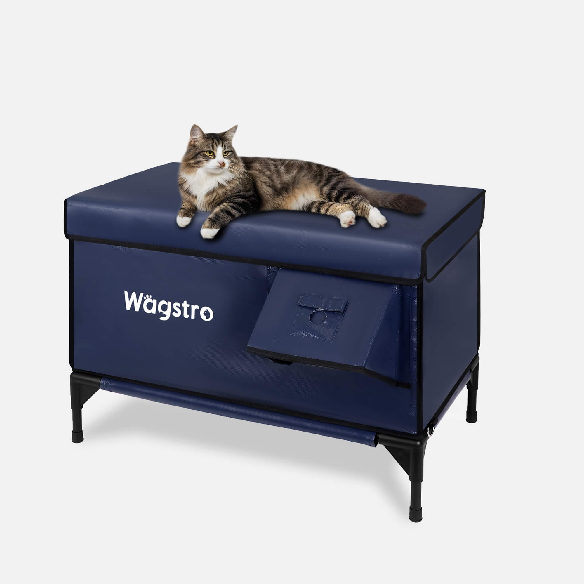 Flagship heated cat house, navy blue, three-quarter view