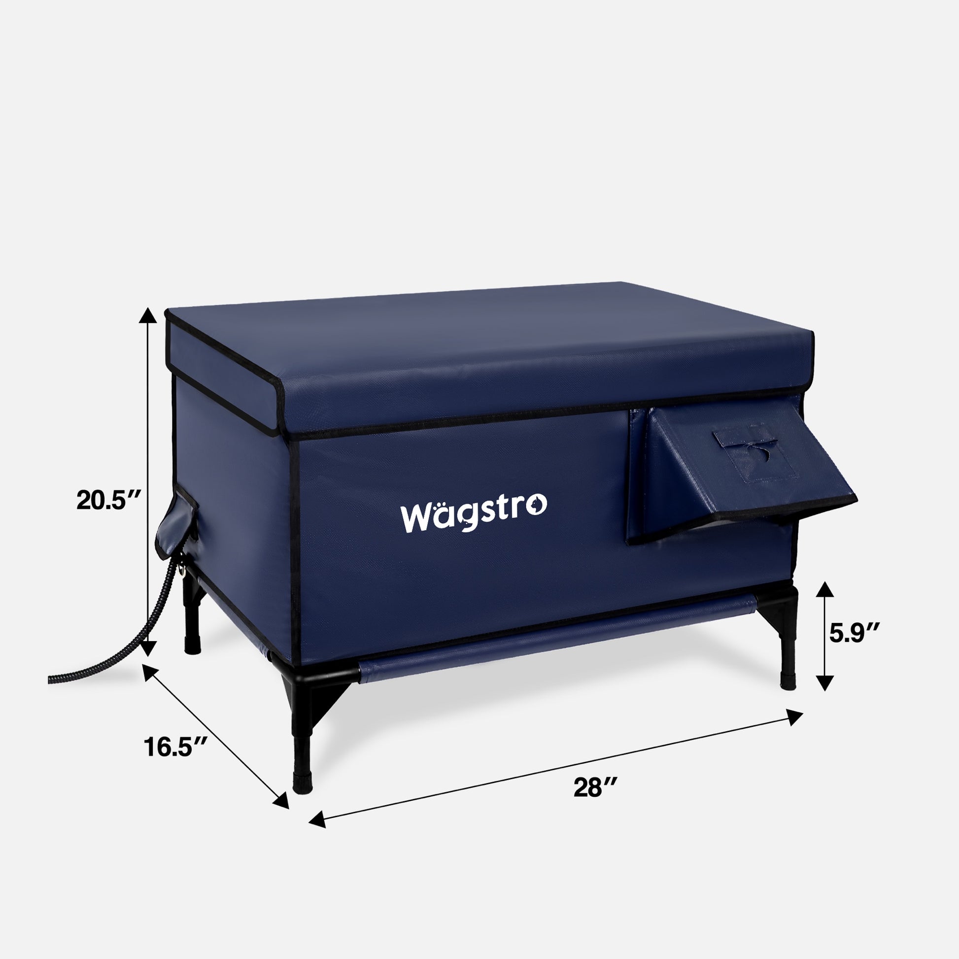 Navy blue cat house dimensions 28×16.5×20.5 in, base 5.9 in