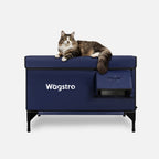 Flagship heated outdoor cat house, navy blue, front view