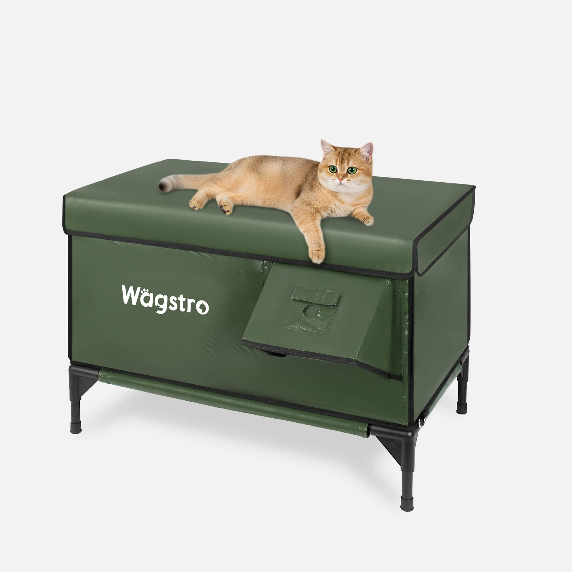 Flagship heated cat house, olive green, three-quarter view
