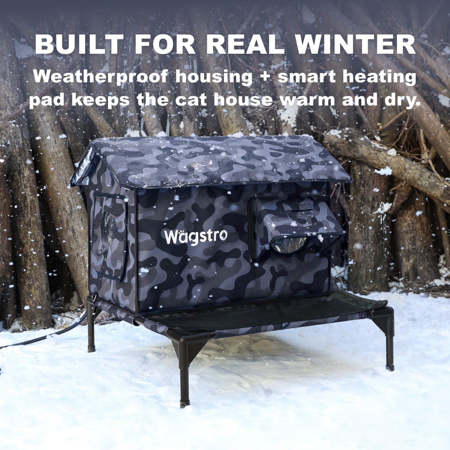 RoofHaus XL Outdoor Heated Cat House with Porch — Night Camo