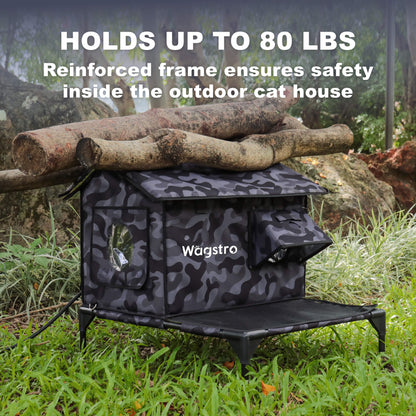 RoofHaus XL Outdoor Heated Cat House with Porch — Night Camo